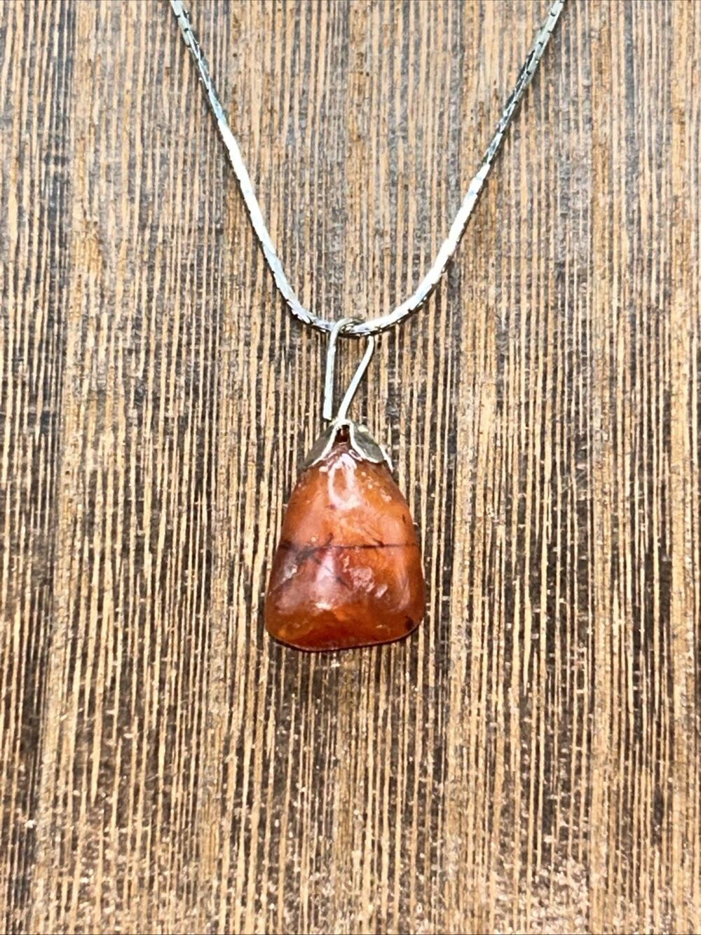 18" Natural Carnelian Agate Necklace Orange Banded Stone Pendant Artisan Jewelry